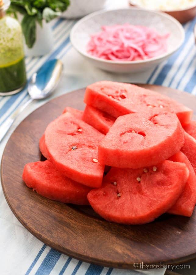 Watermelon Summer Salad with Mint Basil Vinaigrette | TheNoshery.com