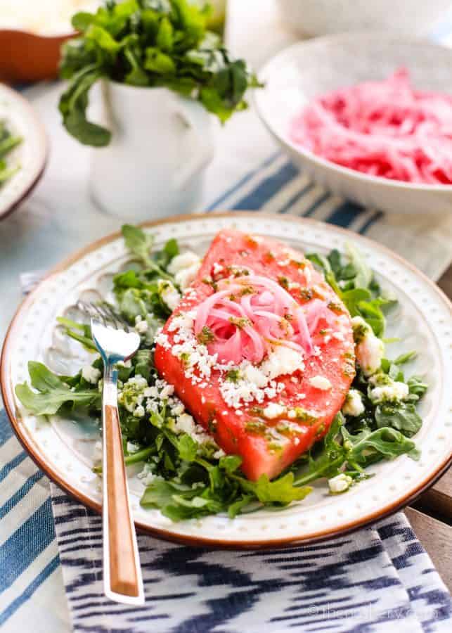 Watermelon Summer Salad with Mint Basil Vinaigrette | TheNoshery.com