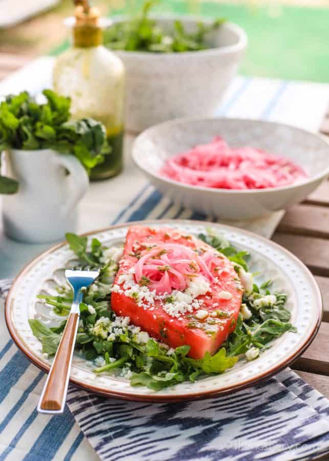 Watermelon Summer Salad with Mint Basil Vinaigrette | TheNoshery.com