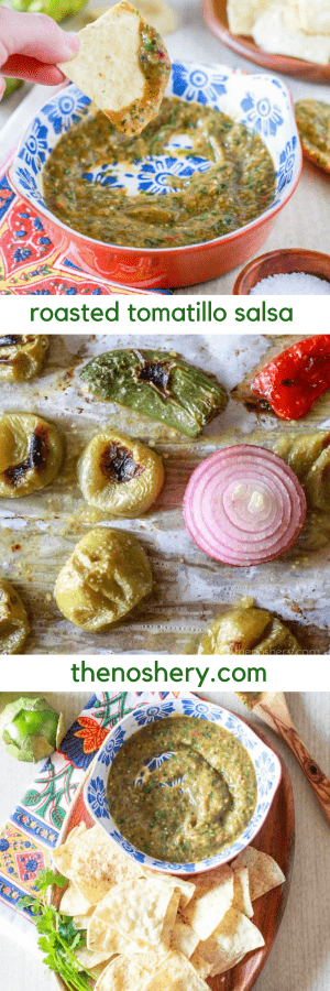 Roasted Tomatillo Salsa Verde | Roasted tomatillo salsa verde is fresh, tart, and simple to make. This recipe is full of cilantro, lime, and just a hint of heat. Eat it with everything! | The Noshery Roasted Tomatillo Salsa Verde | The Noshery
