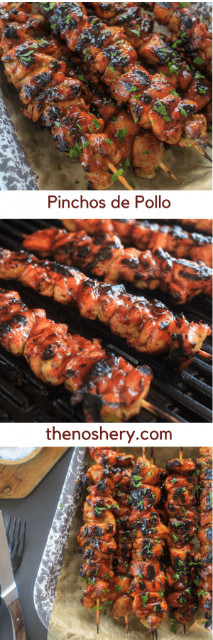 Pinchos de Pollo (Puerto Rican Chicken Skewers) | These are one of my favorite street foods from home. The chicken marinades in a mixture of adobo, sazón, garlic, vinegar, & olive oil. It’s then lightly brushed with a sweet bbq sauce and grilled to perfection | The Noshery