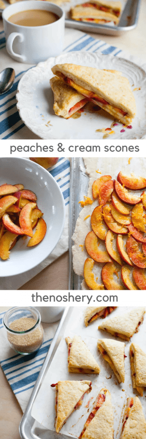 Peaches and Cream Scones | Tender crumbly cream scones stuff with sweet ripe peaches. The perfect start to a morning. | The Noshery Peaches and Cream Scones | The Noshery