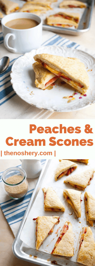 Peaches and Cream Scones | Tender crumbly cream scones stuff with sweet ripe peaches. The perfect start to a morning. | The Noshery Peaches and Cream Scones | The Noshery