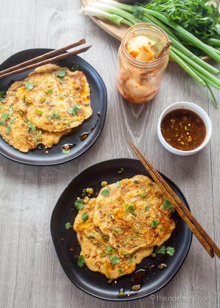 Kimchi Korean Pancakes with Gochujang Dipping Sauce - The Noshery