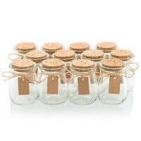 Glass Favor Jars With Cork Lids - Mason Jar Wedding Favors Apothecary Jars Honey Pot Bottles With Personalized Label Tags and String - 3.4oz [12pc Bulk Set] Ideal For Spices, Candy and Candle Making