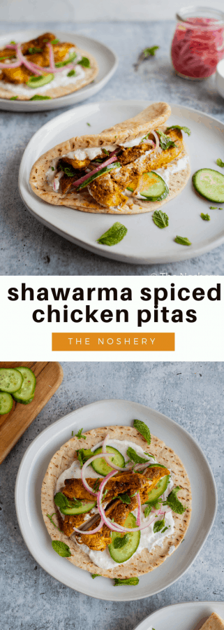 Chicken Shawarma Pitas | These chicken pitas are an adaptation of the popular middle eastern street food shawarma. The chicken tenderloins are rubbed with shawarma spices and served in a warm pita with tangy yogurt. This flavor bomb is a perfect weeknight meal | The Noshery