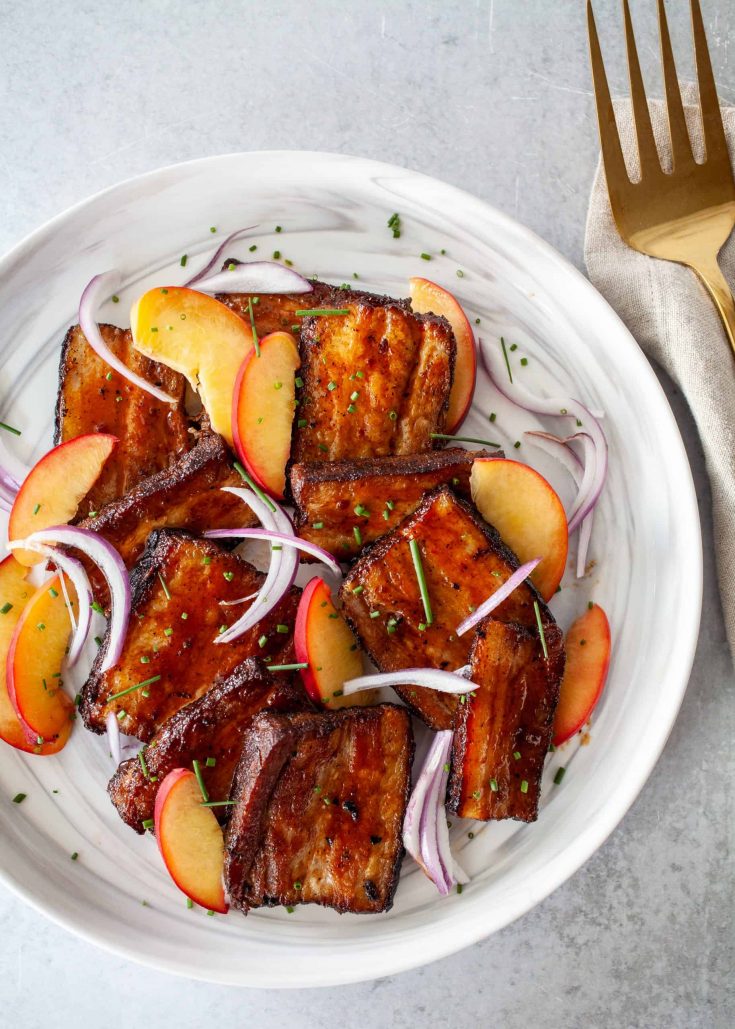 BBQ Sous Vide Pork Belly with Pickled Peaches