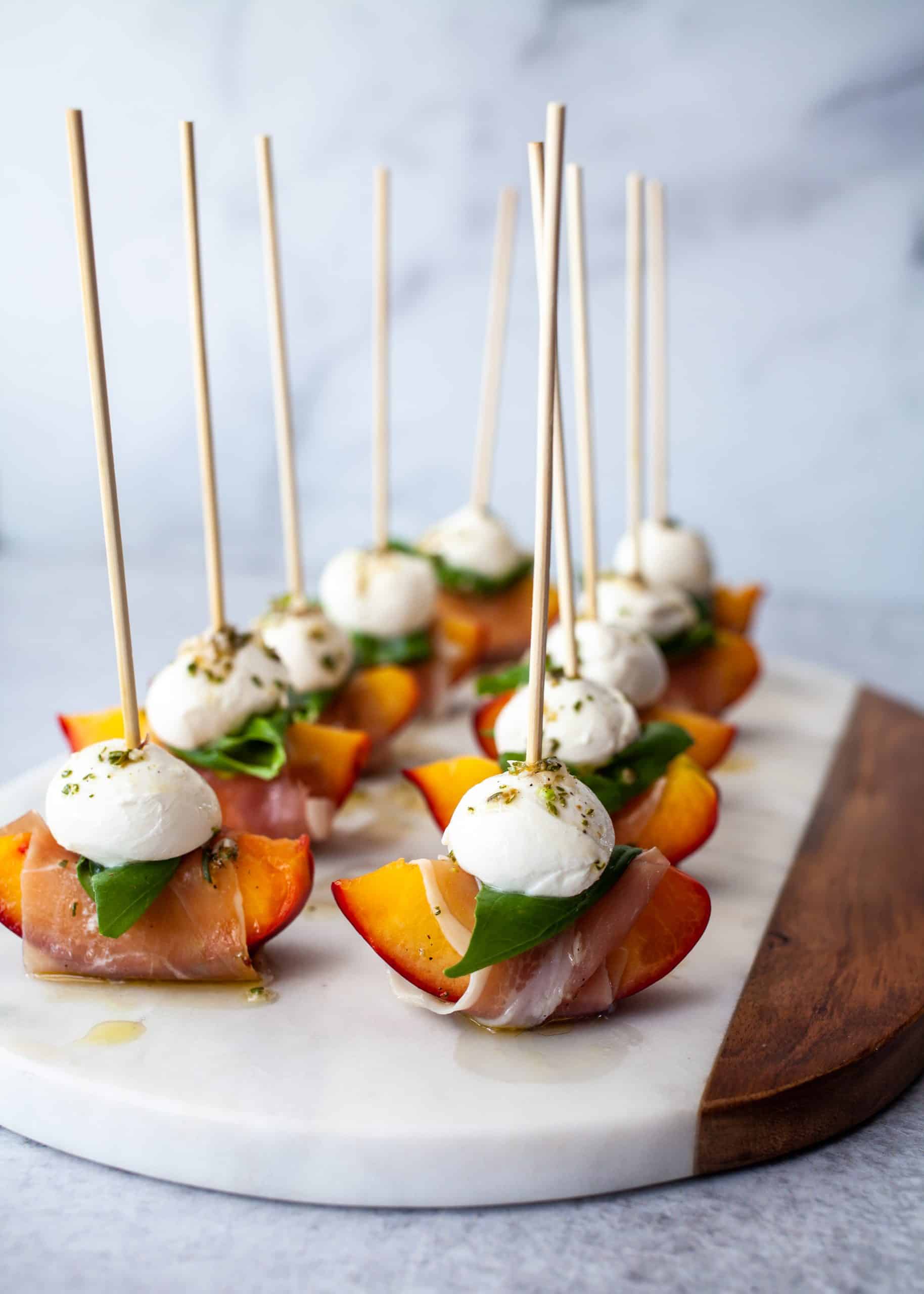 Mozzarella Prosciutto and Pickled Peach Appetizer Skewers