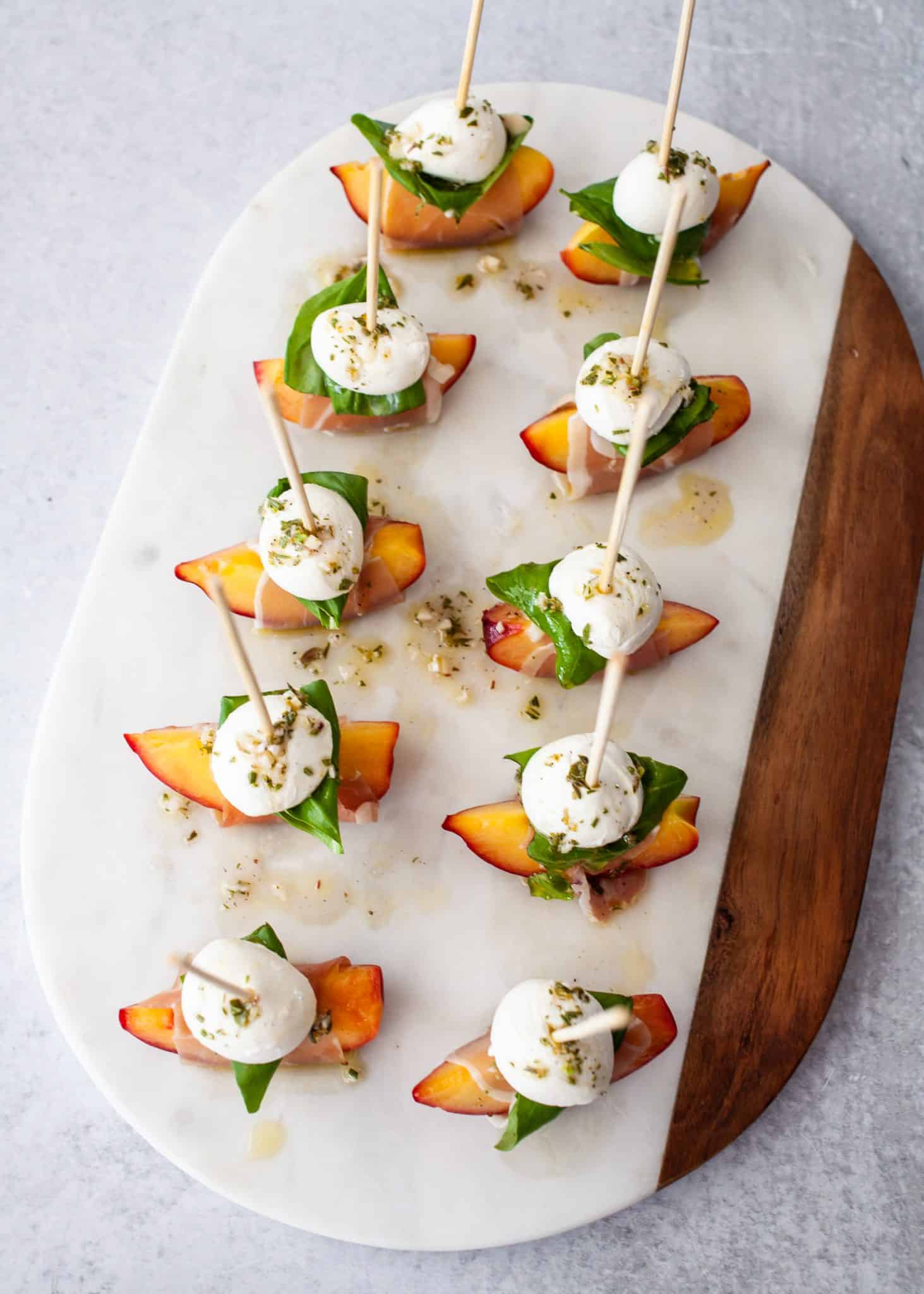 Mozzarella, Prosciutto, and Pickled Peach Appetizer Skewers - The Noshery