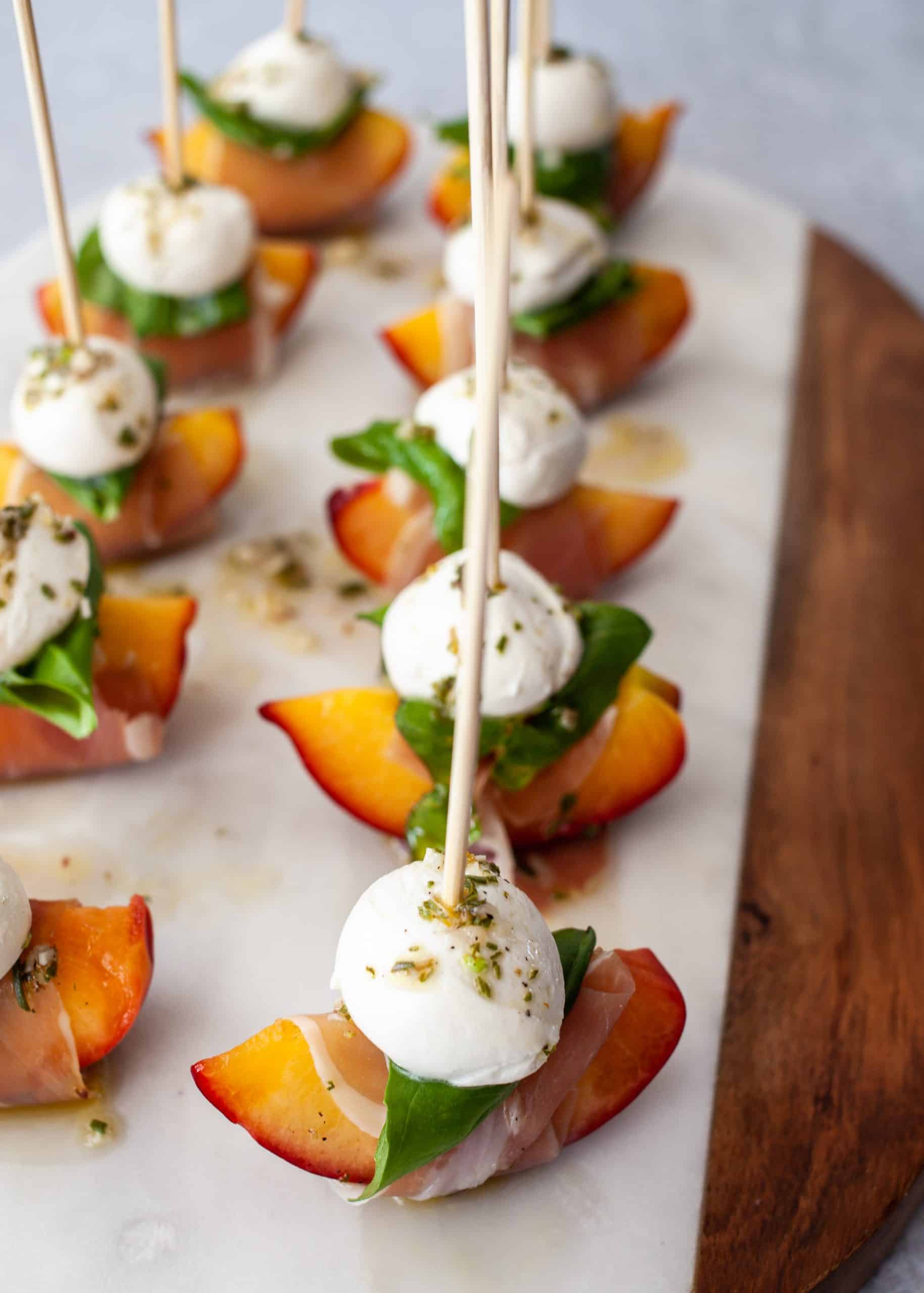 Mozzarella, Prosciutto, and Pickled Peach Appetizer Skewers The Noshery